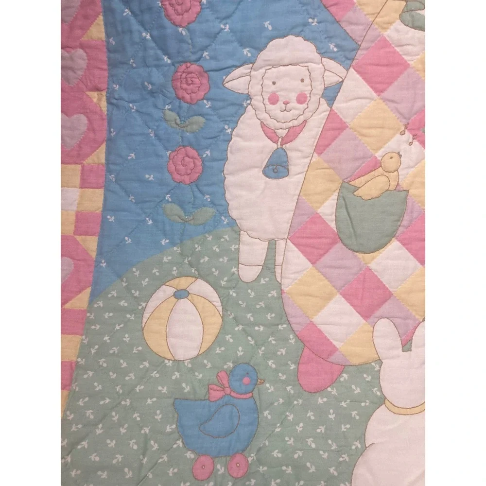 Vintage‎ Hand Quilted Nursery Quilt Clown & Animals Pastel Crib Wall Hanging